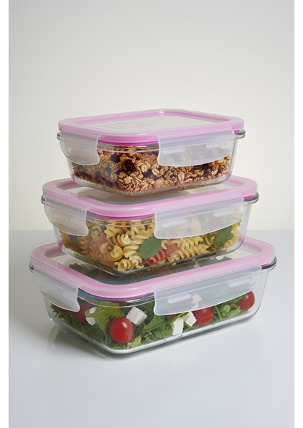 Borcam Kilitli Vakum Kapaklı 3’lü Saklama Kabı Seti Fırın ve Mikrodalgaya Uygun