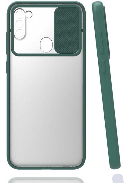 - Samsung Galaxy M11 - Kılıf Slayt Sürgülü Arkası Buzlu Lensi Kapak - Koyu Yeşil - T15438
