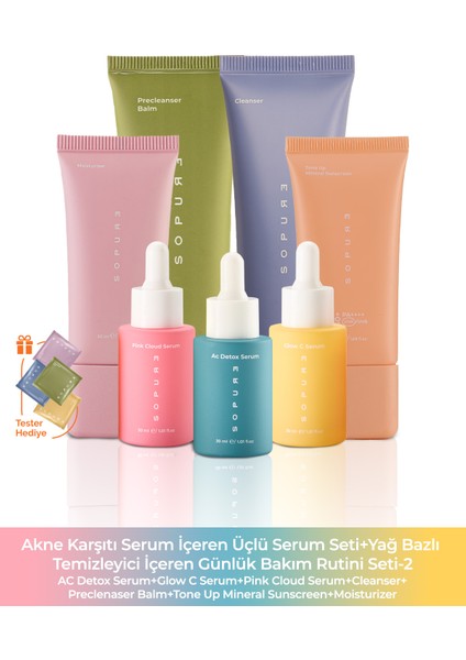 Akne Karşıtı Serum Içeren Üçlü Serum Seti+Yağ Bazlı Temizleyici Içeren Günlük Bakım Rutini Seti-2