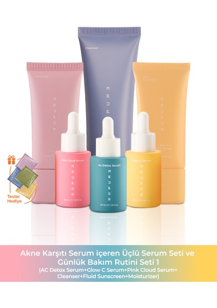 Akne Karşıtı Serum Içeren Üçlü Serum Seti+Günlük Bakım Rutini Seti-1 (101113151618)