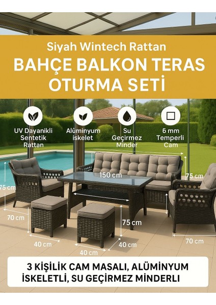 Cam Masalı 6 Parça Rattan Balkon & Bahçe Takımı – 4 Kişilik, Gri Minderli