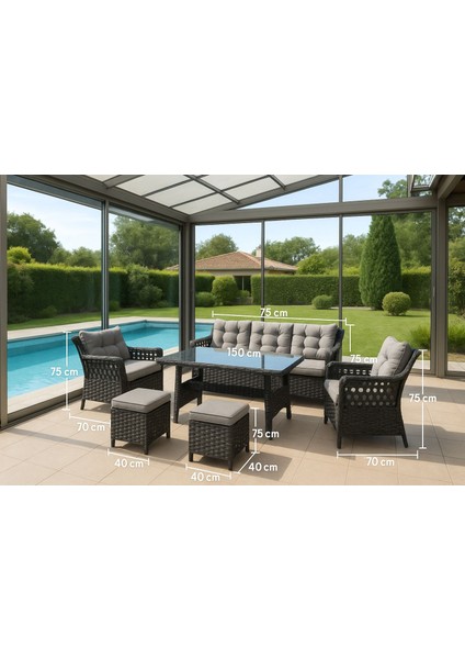 Cam Masalı 6 Parça Rattan Balkon & Bahçe Takımı – 4 Kişilik, Gri Minderli fiyatları
