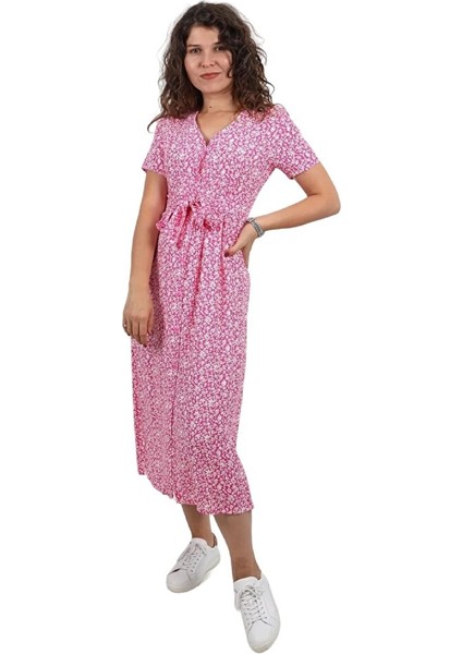 Kadın Siyah V Yaka Düğmeli Beli Bağlamalı Dar Kalıp Çiçek Desen %100 Pamuk Midi Viskon Elbise