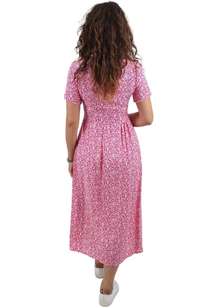 Kadın Siyah V Yaka Düğmeli Beli Bağlamalı Dar Kalıp Çiçek Desen %100 Pamuk Midi Viskon Elbise fiyatları