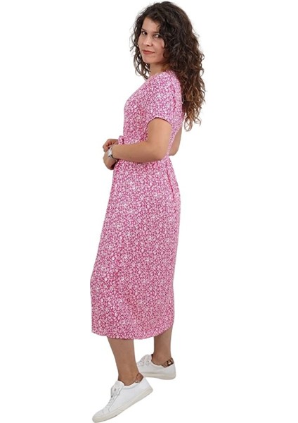 Kadın Siyah V Yaka Düğmeli Beli Bağlamalı Dar Kalıp Çiçek Desen %100 Pamuk Midi Viskon Elbise fırsatları