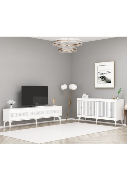 Middas 180 cm Tv Sehpası (Alt Modül) ve 4 Kapaklı Konsol Beyaz-Gümüş
