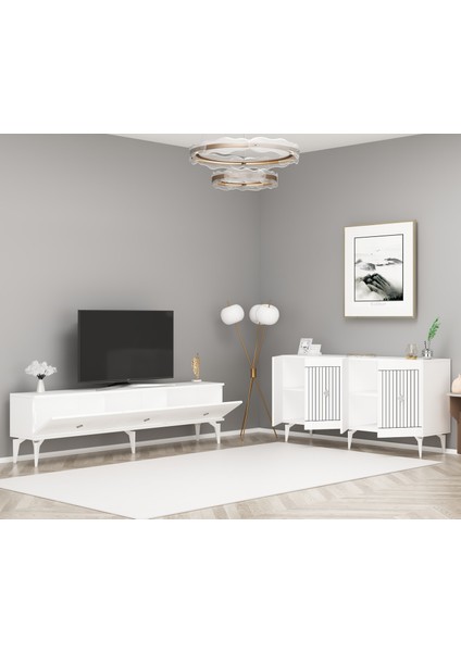 Middas 180 cm Tv Sehpası (Alt Modül) ve 4 Kapaklı Konsol Beyaz-Gümüş fiyatları