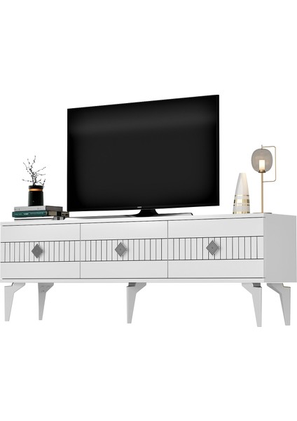 Middas 180 cm Tv Sehpası (Alt Modül) ve 4 Kapaklı Konsol Beyaz-Gümüş fırsatları