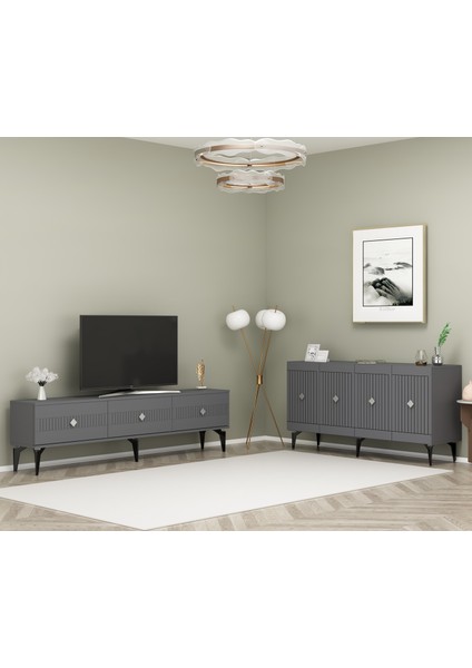 Middas 180 cm Tv Sehpası (Alt Modül) ve 4 Kapaklı Konsol Antrasit-Güşmüş