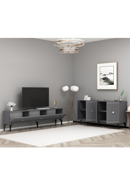 Middas 180 cm Tv Sehpası (Alt Modül) ve 4 Kapaklı Konsol Antrasit-Güşmüş fiyatları