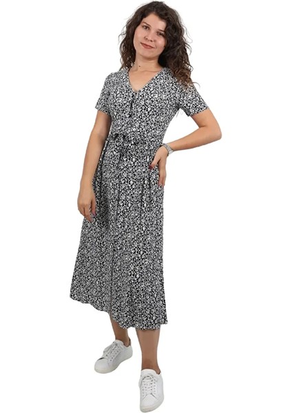 Kadın Siyah V Yaka Düğmeli Beli Bağlamalı Dar Kalıp Çiçek Desen %100 Pamuk Midi Viskon Elbise
