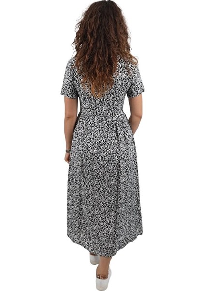 Kadın Siyah V Yaka Düğmeli Beli Bağlamalı Dar Kalıp Çiçek Desen %100 Pamuk Midi Viskon Elbise fırsatları