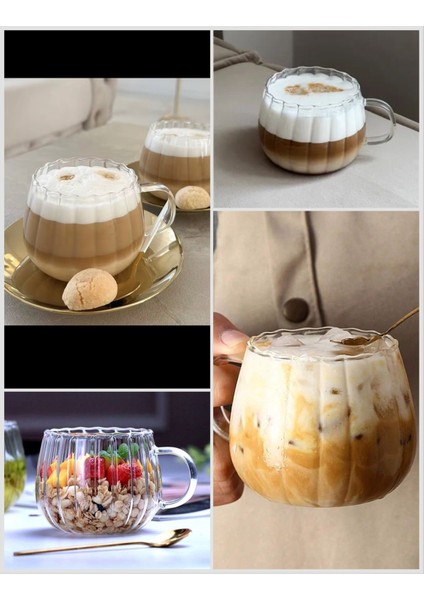 - 2 Adet Çizgili Still Cam Bardak 400 Ml - Isıya Dayanıklı Kahve Bardağı - Bitki Çayı Sunum Bardağı , Kulplu Borosilikat Bardak