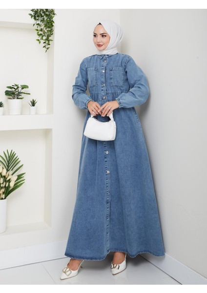 Kadın Belden Lastikli Cep Detaylı Kot Mavi Elbise fiyatları