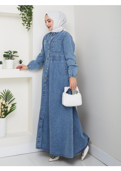 Kadın Belden Lastikli Cep Detaylı Kot Mavi Elbise modelleri