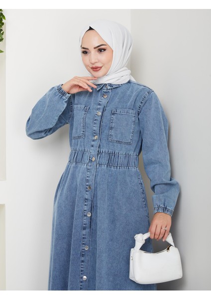 Kadın Belden Lastikli Cep Detaylı Kot Mavi Elbise fırsatları