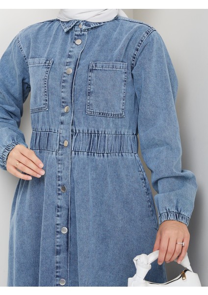 Kadın Belden Lastikli Cep Detaylı Kot Mavi Elbise indirimleri