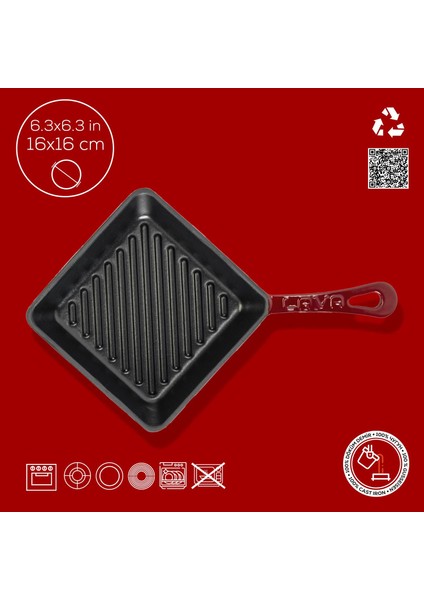Döküm Mini Kare Izgara Tava Döküm Demir Yekpare Saplı Ölçü 16X16CM.-BORDO fırsatları