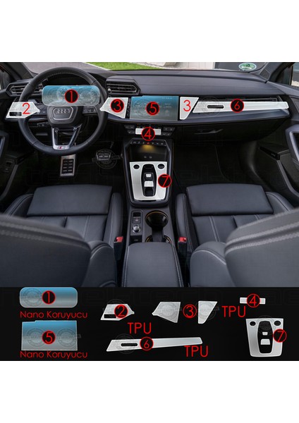 Audi A3 Uyumlu Navigasyon Dijital Gösterge Nano ve Piano Black 9h Tpu Koruyucu 7 Li Set 2025
