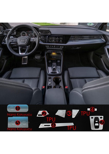 Audi A3 Uyumlu Navigasyon Dijital Gösterge Nano ve Piano Black 9h Tpu Koruyucu 7 Li Set 2025 fiyatları