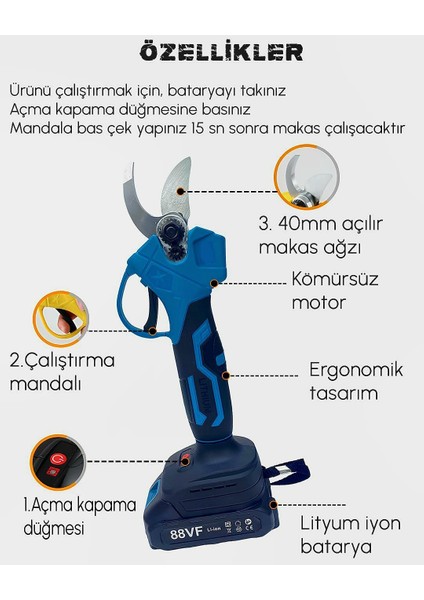 Akülü Kömürsüz Dal Budama Makası 40MM 88VF 5p (Mavi) EEA404 modelleri