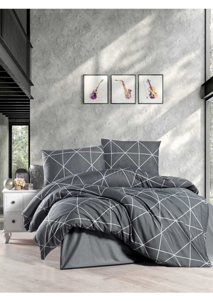 Pandora Çift Kişilik Nevresim Takımı – Antrasit Geometrik Desen, Pamuk-Polyester, 30°'de Makinede Yıkanabilir fırsatları