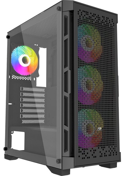 PB-PS7840B 600W Temperli Camlı 4*12CM Rainbow Fanlı Mesh Mid-T Atx Gaming Siyah Kasa