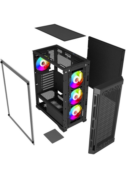 PB-PS7840B 600W Temperli Camlı 4*12CM Rainbow Fanlı Mesh Mid-T Atx Gaming Siyah Kasa modelleri