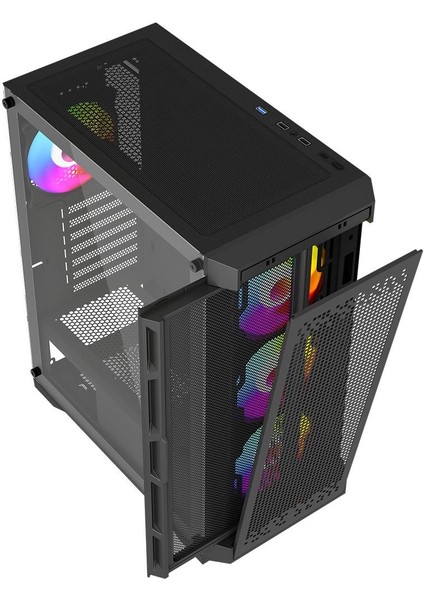 PB-PS7840B 600W Temperli Camlı 4*12CM Rainbow Fanlı Mesh Mid-T Atx Gaming Siyah Kasa