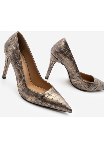 Kadın Stiletto Sivri Burun Croco Desenli Topuklu Ayakkabı Davin Bakır Croco