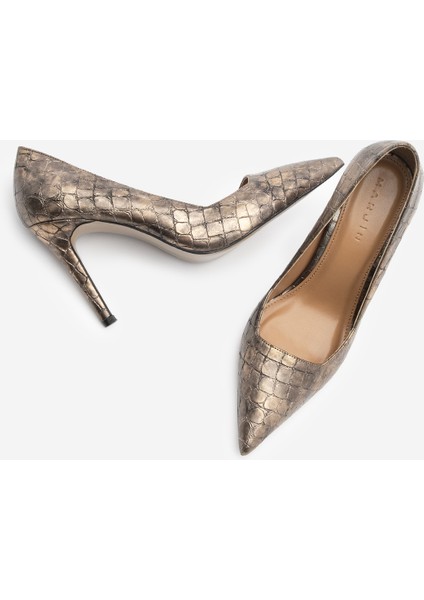 Kadın Stiletto Sivri Burun Croco Desenli Topuklu Ayakkabı Davin Bakır Croco
