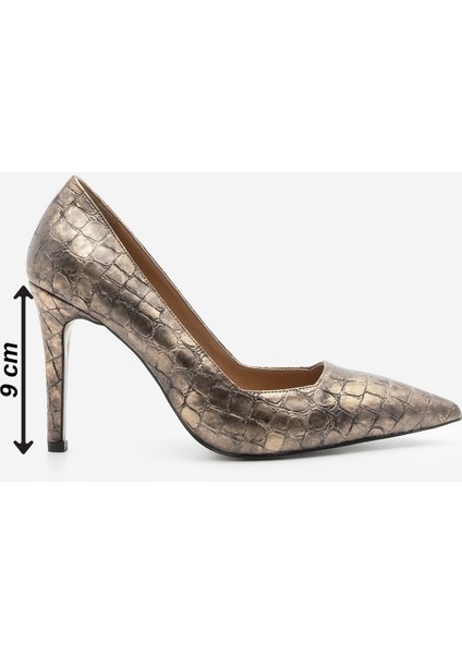 Kadın Stiletto Sivri Burun Croco Desenli Topuklu Ayakkabı Davin Bakır Croco
