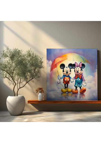 Suluboya Mickey ve Minnie El Ele Tutuşan Kanvas Tablo fiyatları
