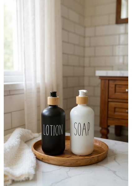 2'li Siyah-Beyaz Bambu Stantlı Sıvı Sabun