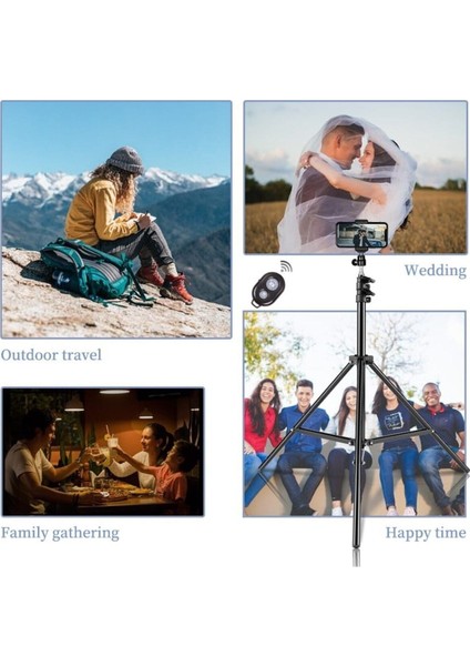 Bluetooth Kumandalı 2.1 m Tripod – 360° Döner Başlıklı Telefon Tutucu ve Ring Light Stüdyo Işıklı Ayağı