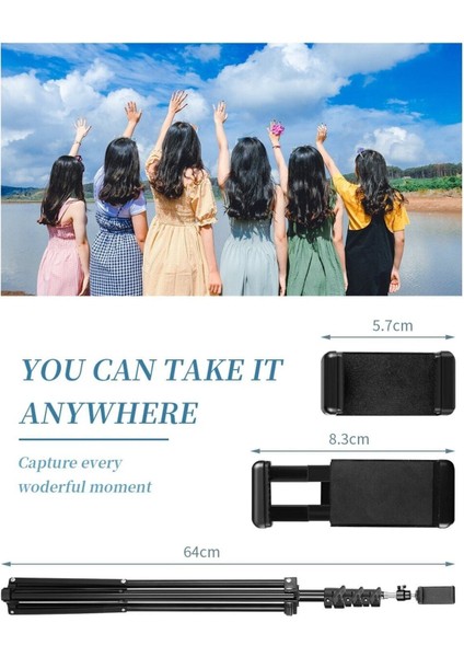 Bluetooth Kumandalı 2.1 m Tripod – 360° Döner Başlıklı Telefon Tutucu ve Ring Light Stüdyo Işıklı Ayağı