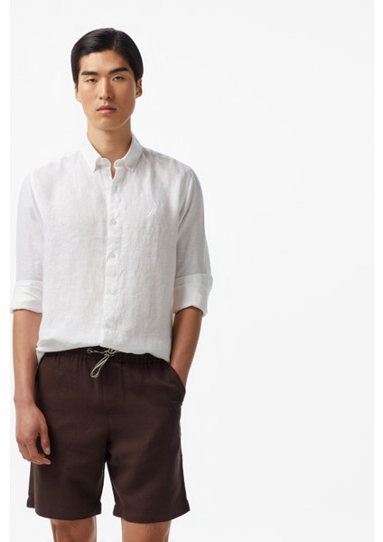 Erkek Beyaz Classic Fit Keten Gömlek
