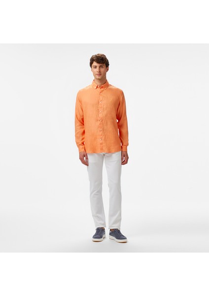 Erkek Turuncu Classic Fit Keten Gömlek modelleri