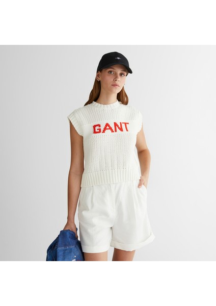 Kadın Krem Bisiklet Yaka Logolu Triko