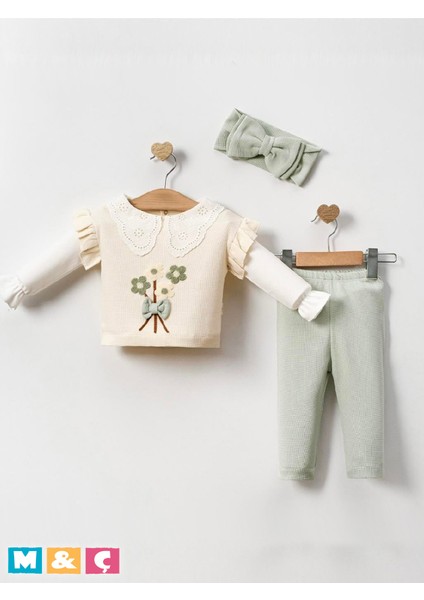 Kız Bebek Alt Üst Takım 3lü Bebek Bandana Swatshırt Tayt Çiçekli Nakışlı Sırtrı Çıçıtlı Takımı
