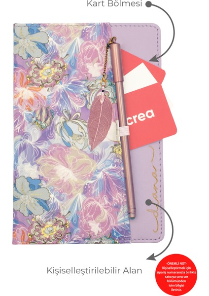 Kişiye Özel Çiçek Desenli Defter ve Tüy Kalem Seti Lazer Isim Kazıma Günlük Kartlıklı Defter