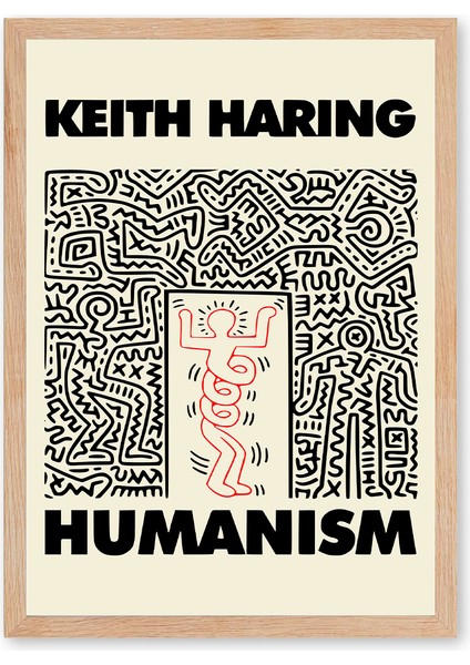 Keith Haring Hümanism - Doğal Ahşap Çerçeveli Tablo - Art Collection fiyatları