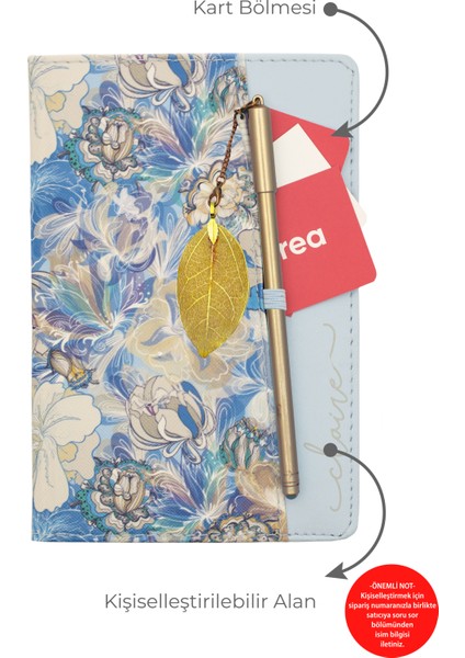 Kişiye Özel Çiçek Desenli Defter ve Tüy Kalem Seti Lazer Isim Kazıma Günlük Kartlıklı Defter