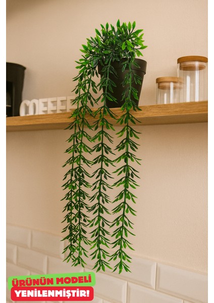 Siyah Saksılı 4 Dallı Yeşil Fesleğen Sarkıt Yapay Bitki Dekor 40 cm