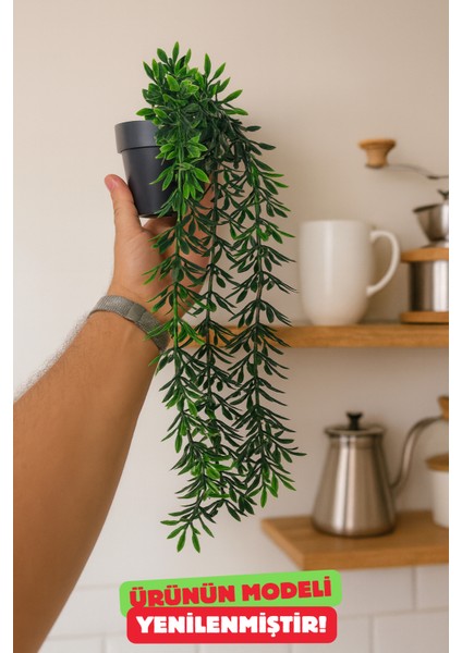 Siyah Saksılı 4 Dallı Yeşil Fesleğen Sarkıt Yapay Bitki Dekor 40 cm modelleri