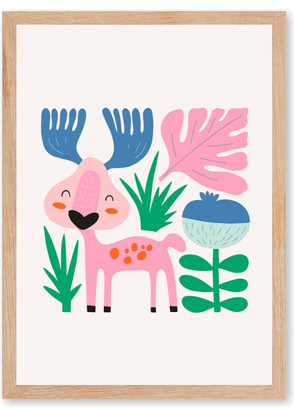 Smiling Deer - Doğal Ahşap Çerçeveli Tablo - Neşeli Çocuk Posteri fiyatları