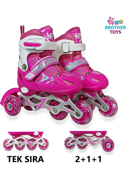 Çocuk Pateni Işıklı Çantalı Numara Ayarlanabilen Tek Sıra ve 2+1+1 Teker Paten Pembe Small 30-33