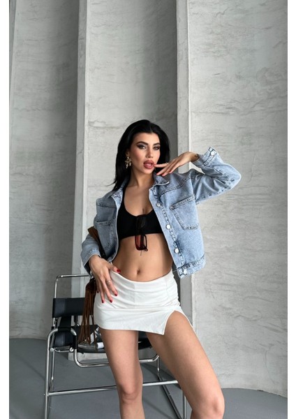 Çift Cepli Crop Kot Ceket