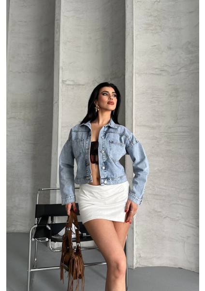 Çift Cepli Crop Kot Ceket modelleri