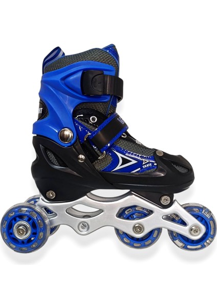 Çocuk Pateni Işıklı Çantalı Numara Ayarlanabilen Tek Sıra ve 2+1+1 Teker Paten Mavi Small 30-33